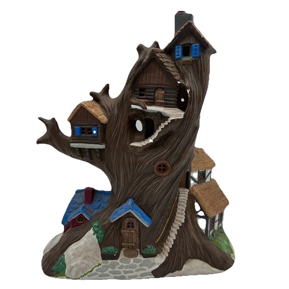 Vintage Handpainted Ceramic Fairy Treehouse 13" Brown & Blue Tones Needs Light